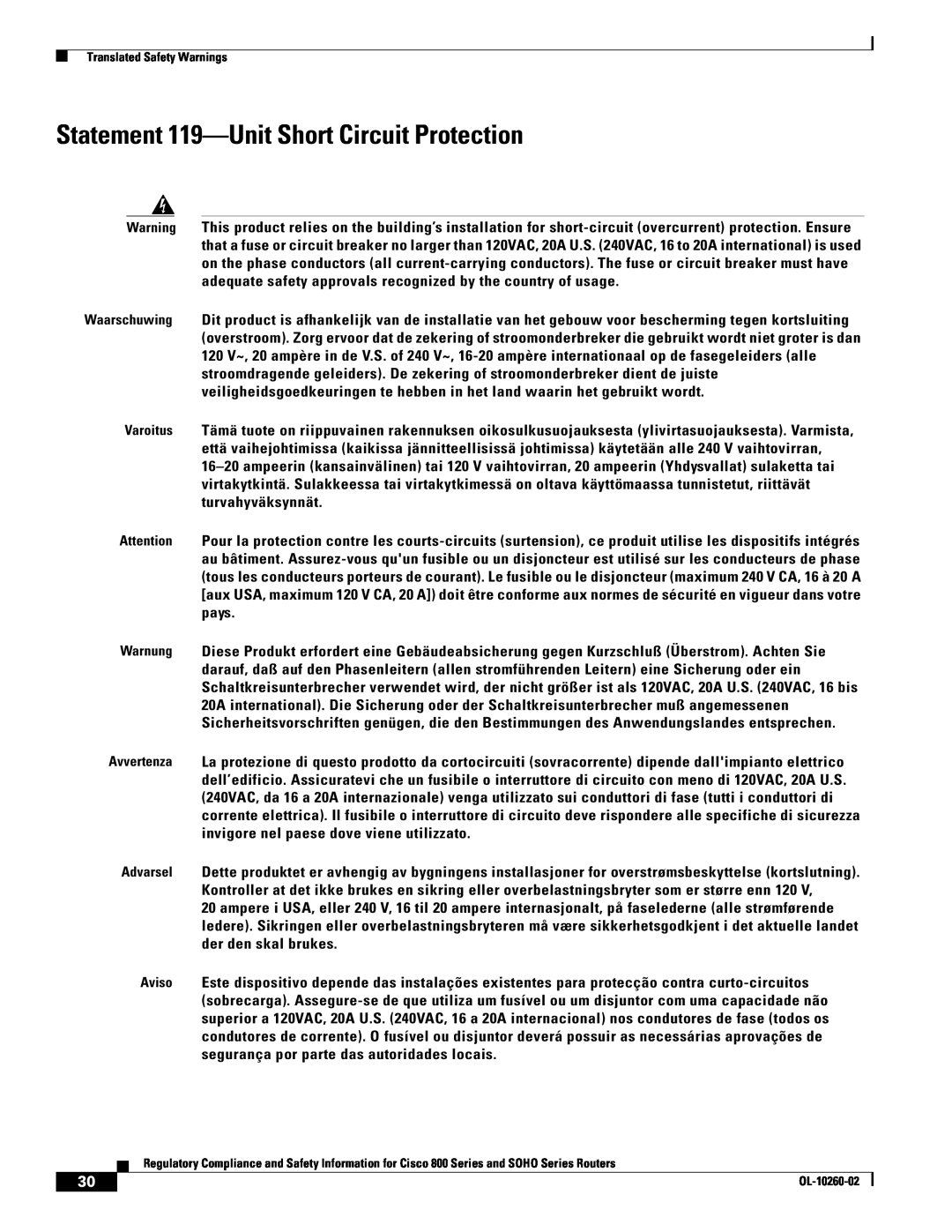 Cisco Systems SOHO Series manual Statement 119-Unit Short Circuit Protection 