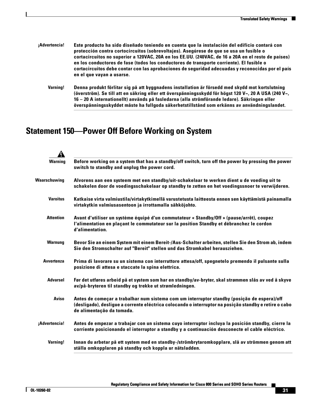 Cisco Systems SOHO Series manual Statement 150-Power Off Before Working on System 