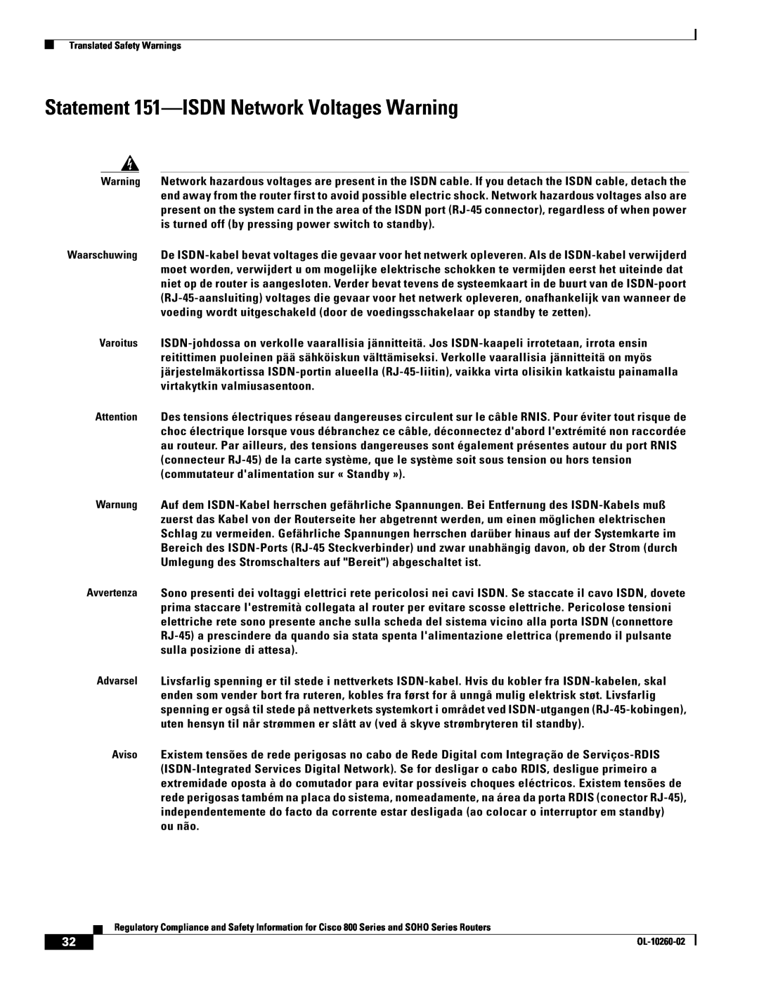 Cisco Systems SOHO Series manual Statement 151-ISDN Network Voltages Warning 