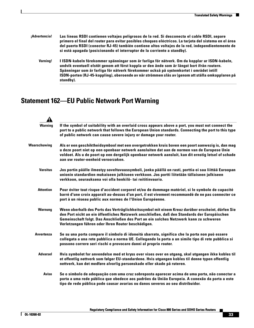 Cisco Systems SOHO Series manual Statement 162-EU Public Network Port Warning 