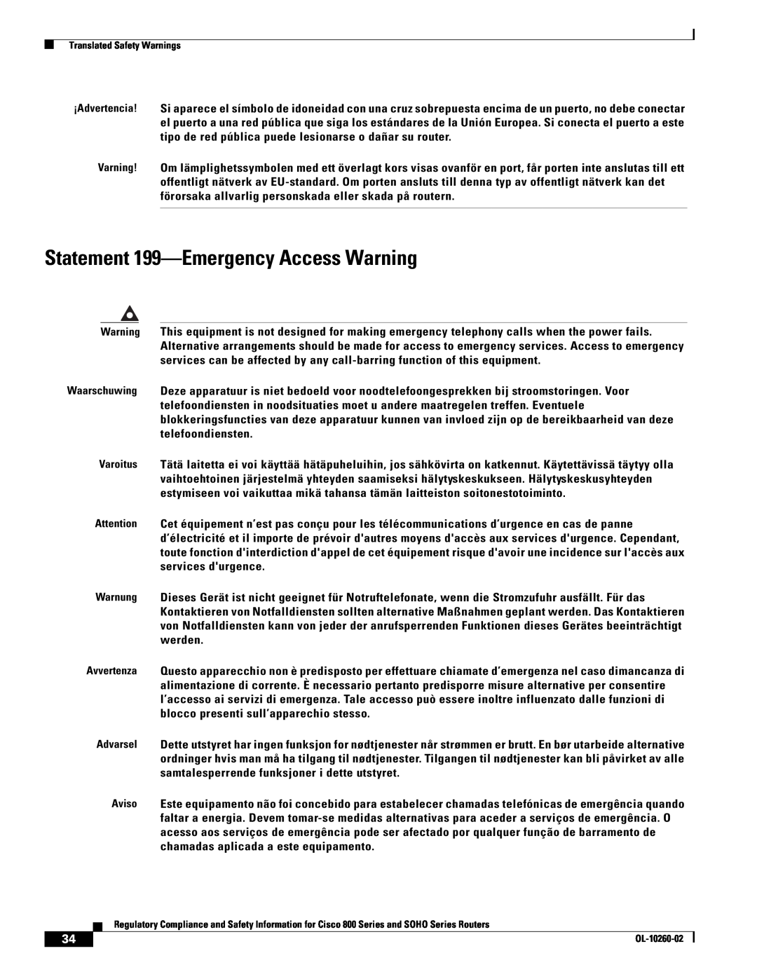 Cisco Systems SOHO Series manual Statement 199-Emergency Access Warning 