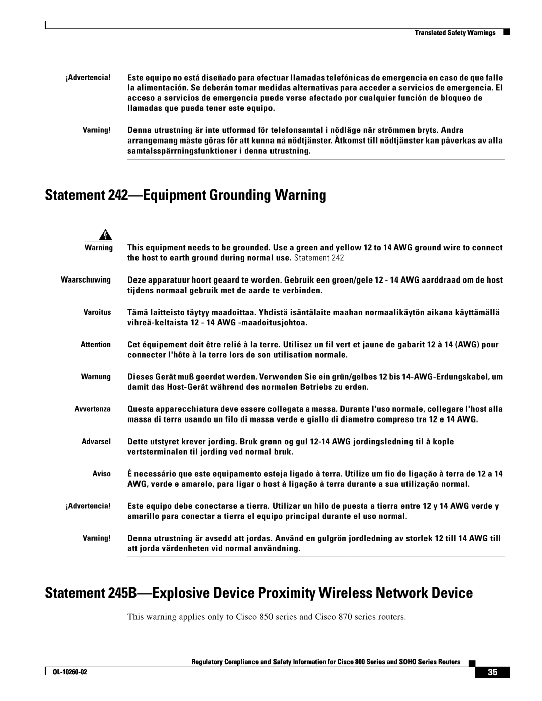 Cisco Systems SOHO Series manual Statement 242-Equipment Grounding Warning 
