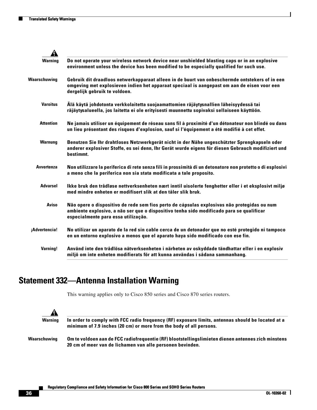 Cisco Systems SOHO Series manual Statement 332-Antenna Installation Warning 