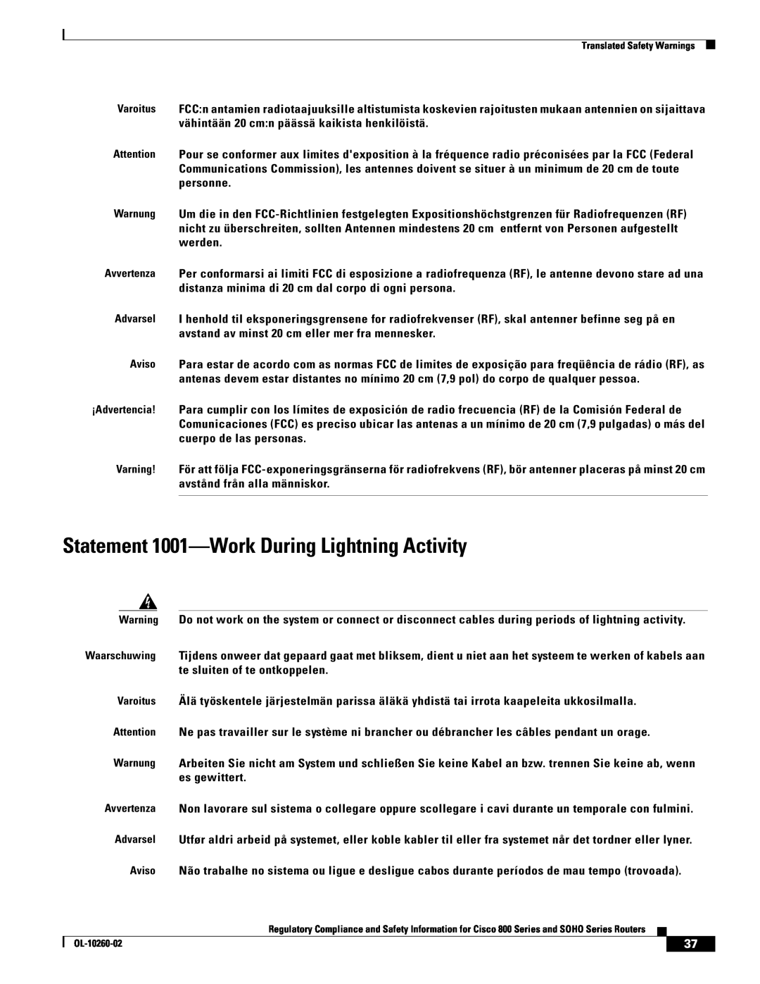 Cisco Systems SOHO Series manual Statement 1001-Work During Lightning Activity 