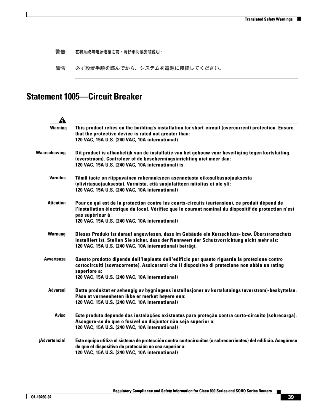 Cisco Systems SOHO Series manual Statement 1005-Circuit Breaker 