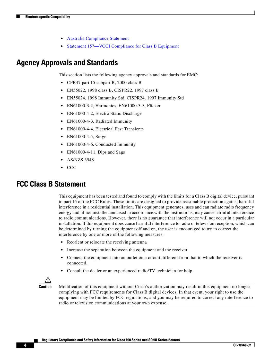 Cisco Systems SOHO Series manual FCC Class B Statement, Australia Compliance Statement, Agency Approvals and Standards 