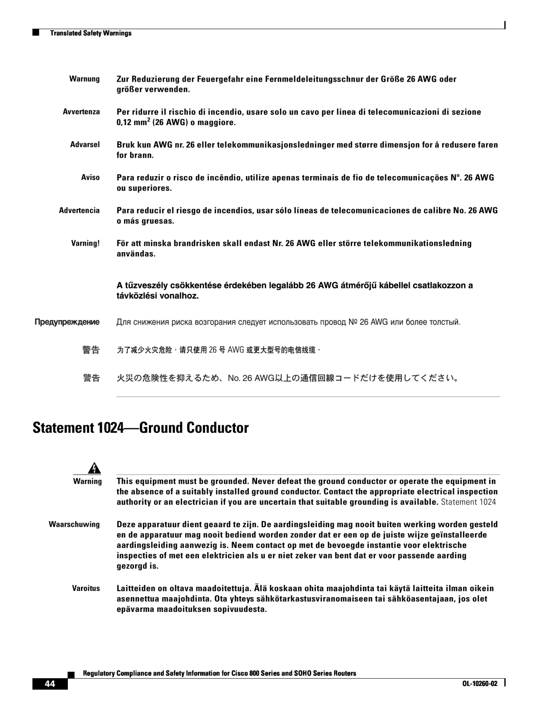 Cisco Systems SOHO Series manual Statement 1024-Ground Conductor 