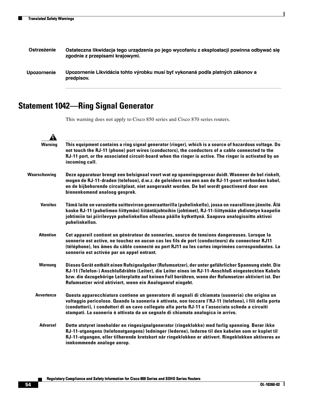 Cisco Systems SOHO Series manual Statement 1042-Ring Signal Generator 