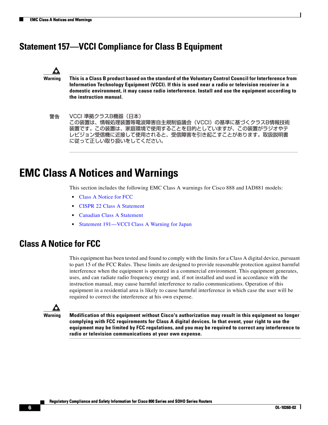 Cisco Systems SOHO Series manual EMC Class A Notices and Warnings, Statement 157-VCCI Compliance for Class B Equipment 