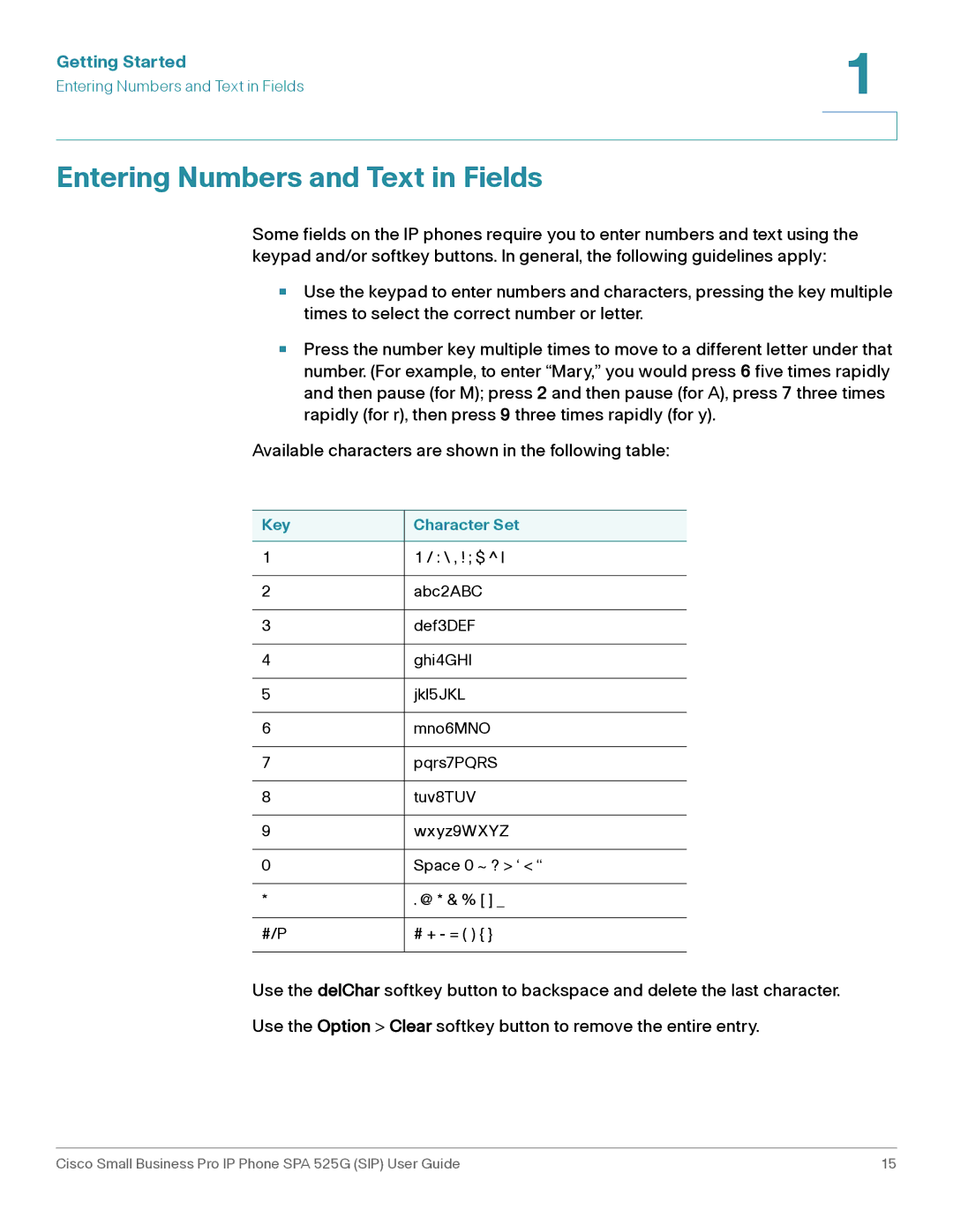 Cisco Systems SPA 525G manual Entering Numbers and Text in Fields, Key Character Set 