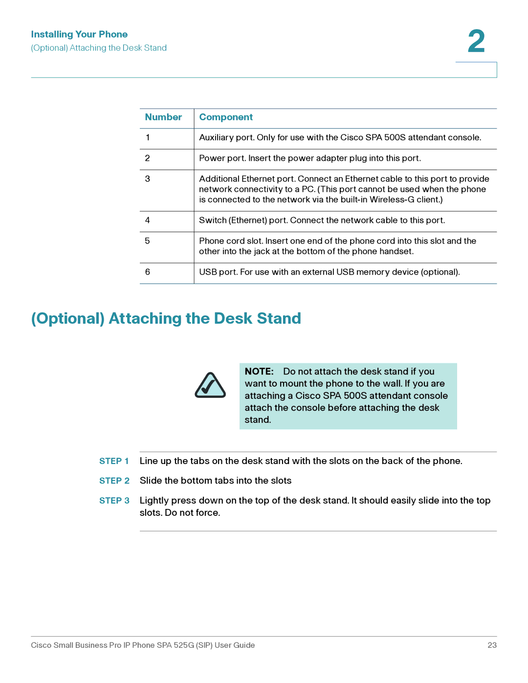 Cisco Systems SPA 525G manual Optional Attaching the Desk Stand, Number Component 