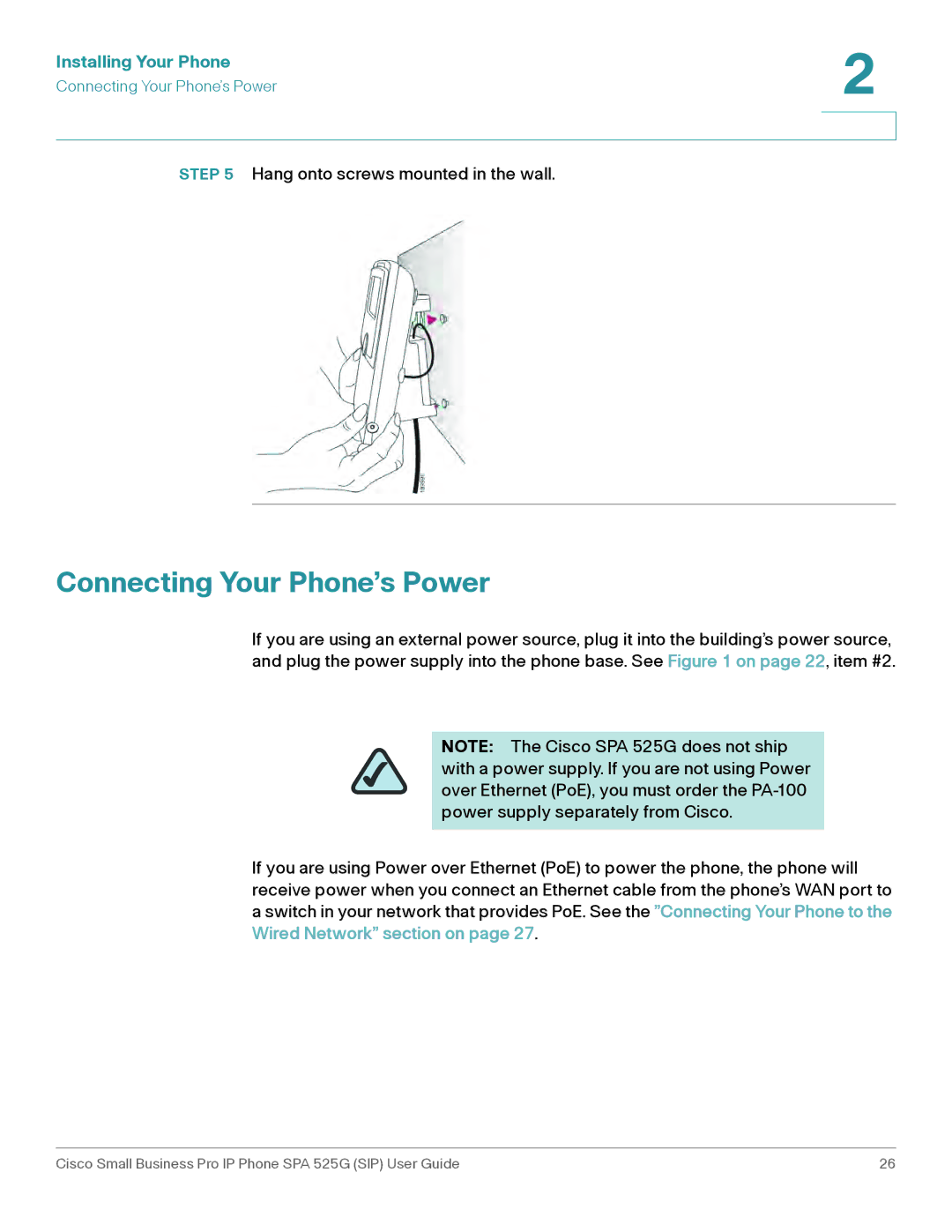 Cisco Systems SPA 525G manual Connecting Your Phone’s Power 