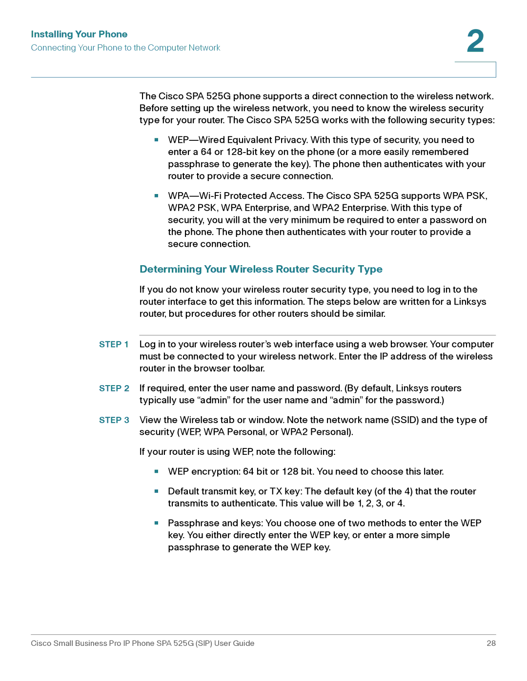 Cisco Systems SPA 525G manual Determining Your Wireless Router Security Type 