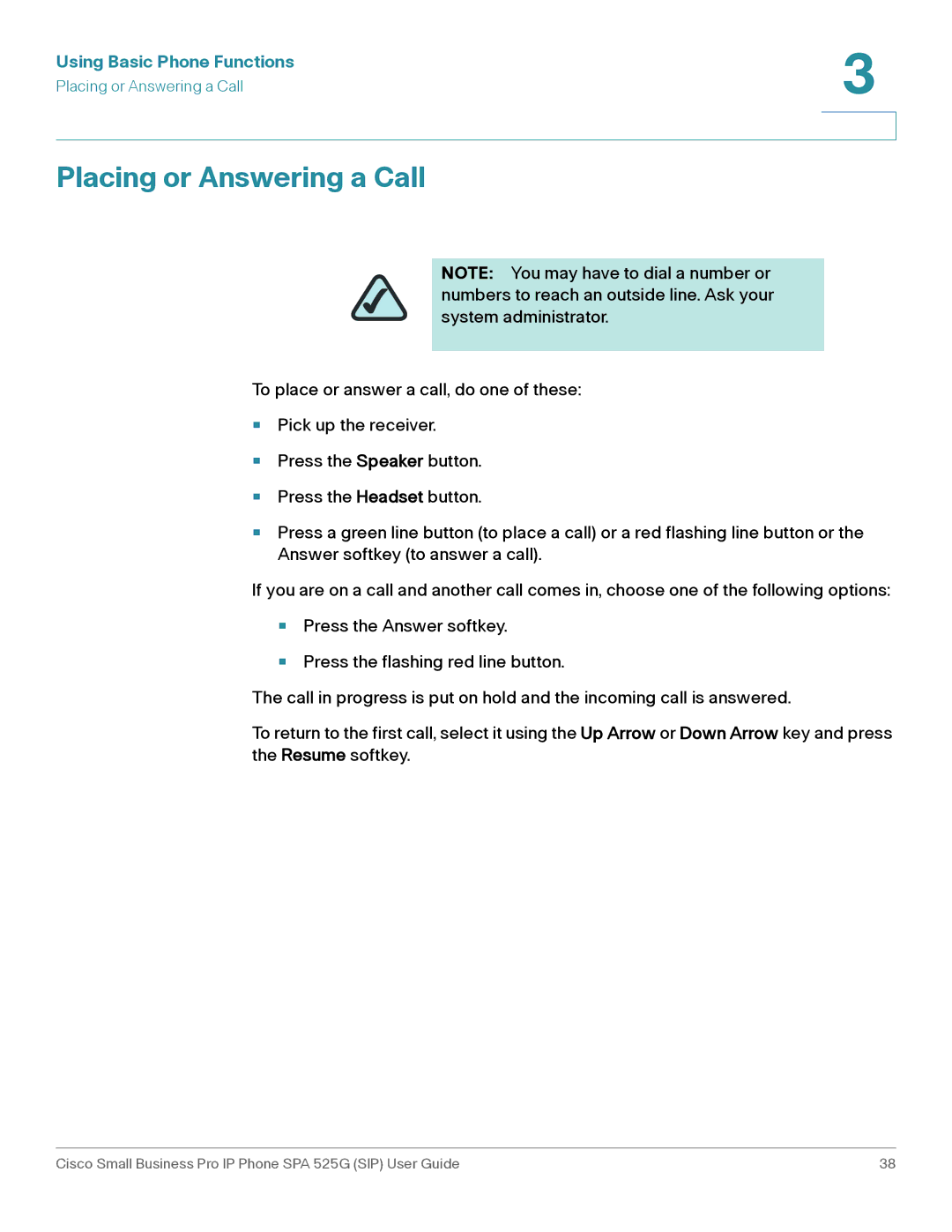 Cisco Systems SPA 525G manual Placing or Answering a Call 