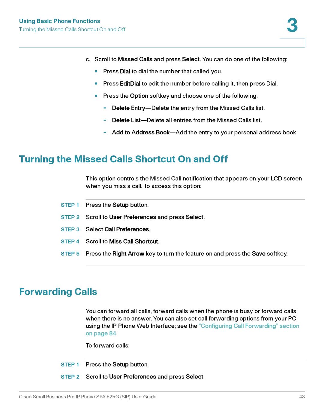 Cisco Systems SPA 525G manual Turning the Missed Calls Shortcut On and Off, Forwarding Calls 