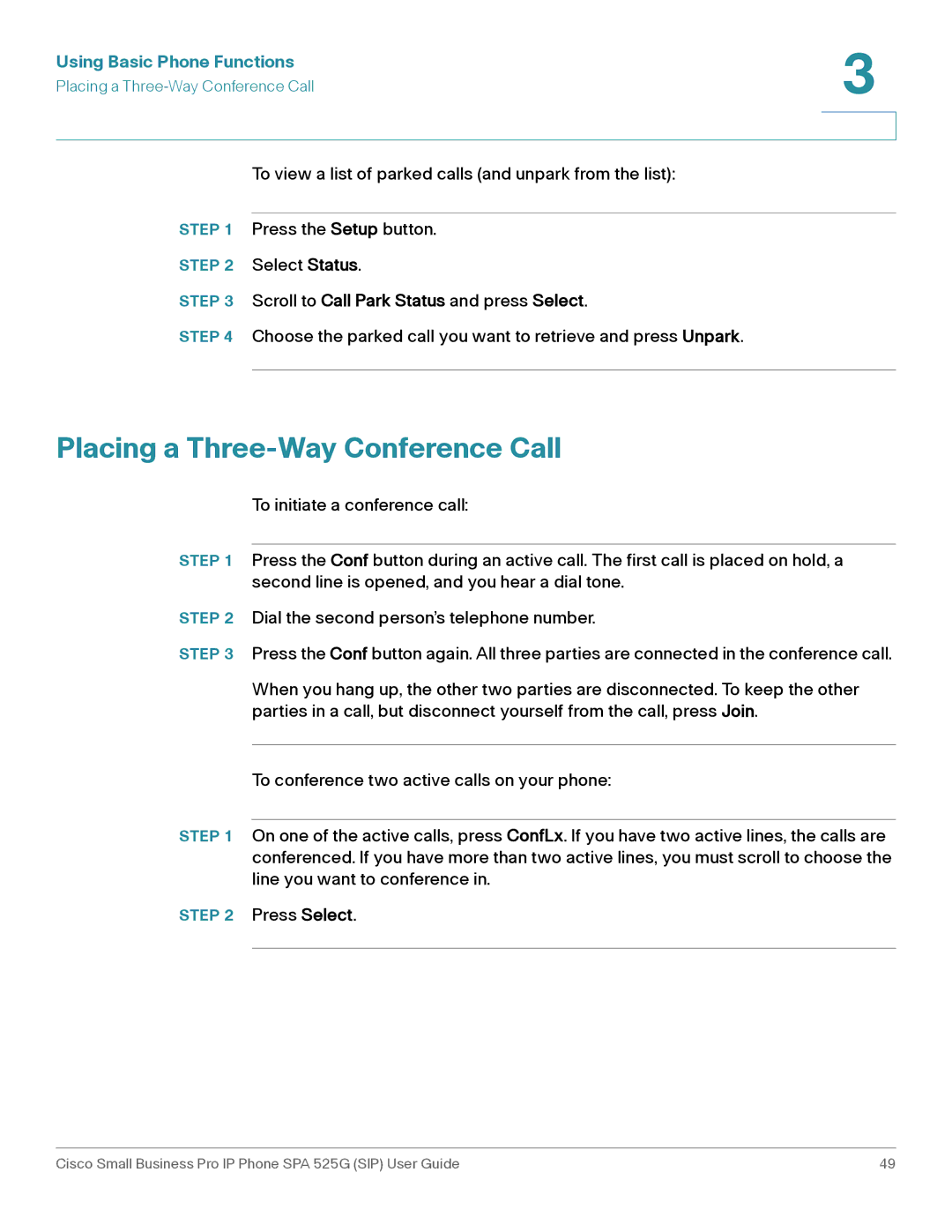 Cisco Systems SPA 525G manual Placing a Three-Way Conference Call, Scroll to Call Park Status and press Select 