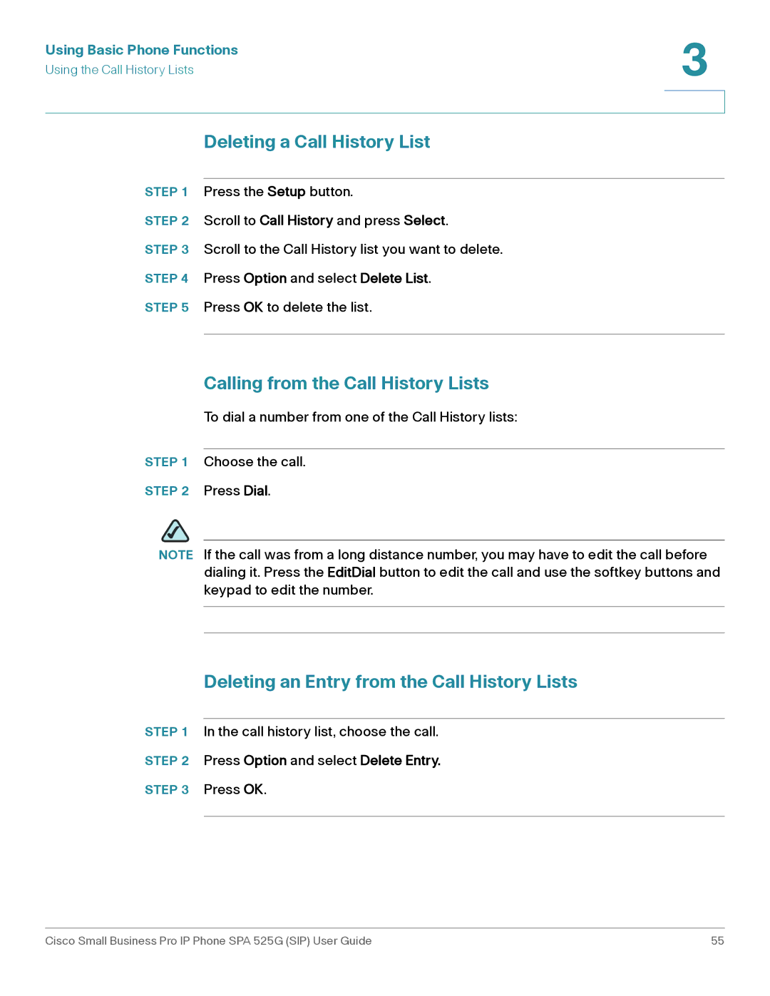 Cisco Systems SPA 525G manual Deleting a Call History List, Calling from the Call History Lists 