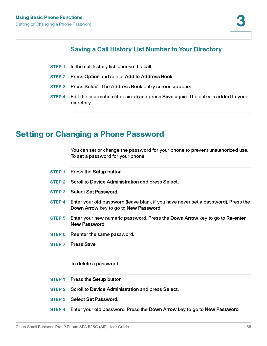 Cisco Systems SPA 525G manual Setting or Changing a Phone Password, Saving a Call History List Number to Your Directory 