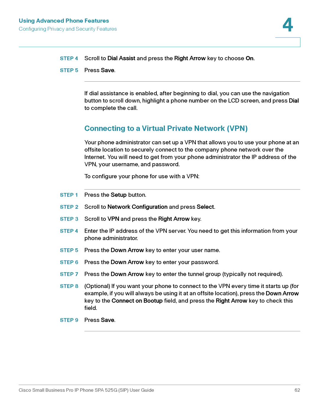 Cisco Systems SPA 525G manual Connecting to a Virtual Private Network VPN, Scroll to Network Configuration and press Select 