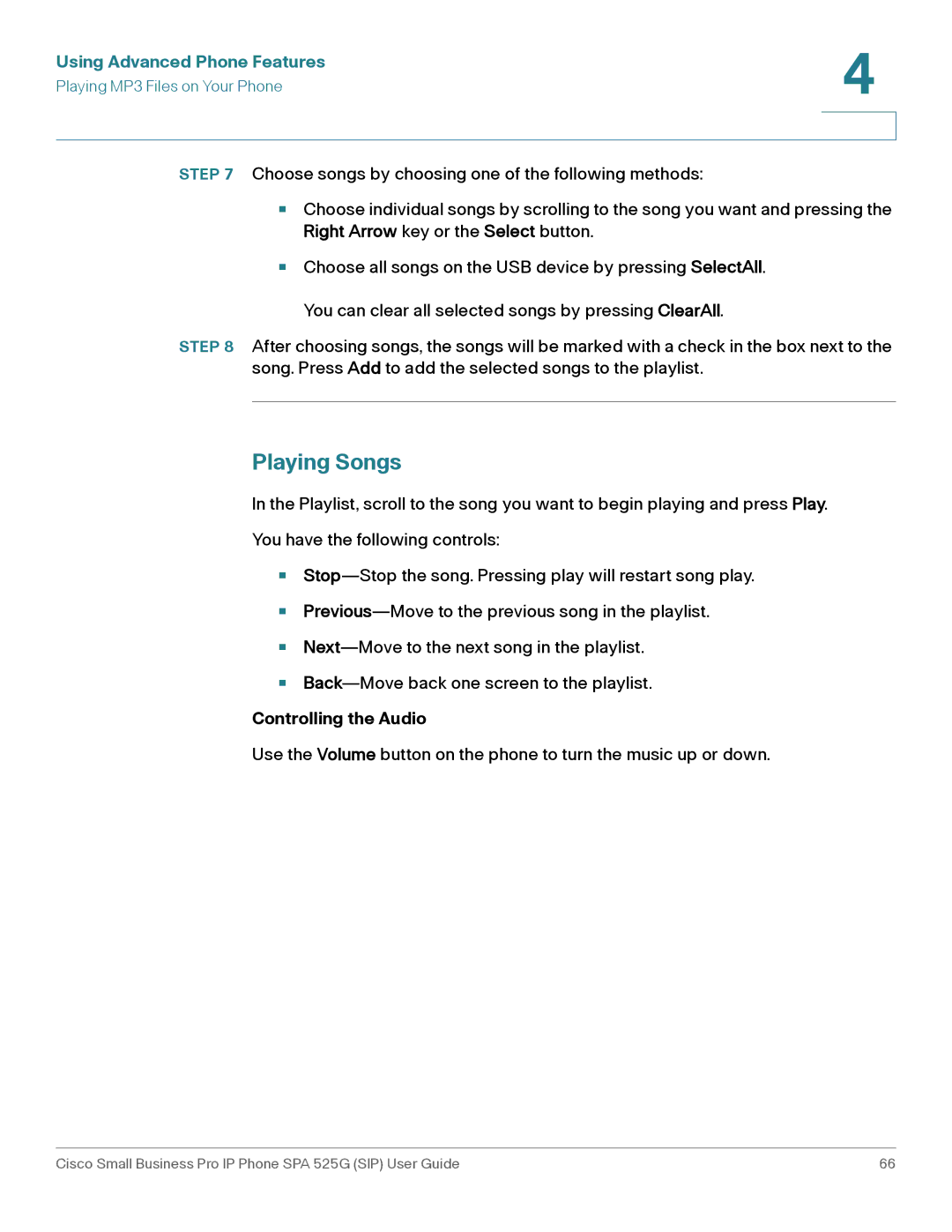 Cisco Systems SPA 525G manual Playing Songs, Controlling the Audio 