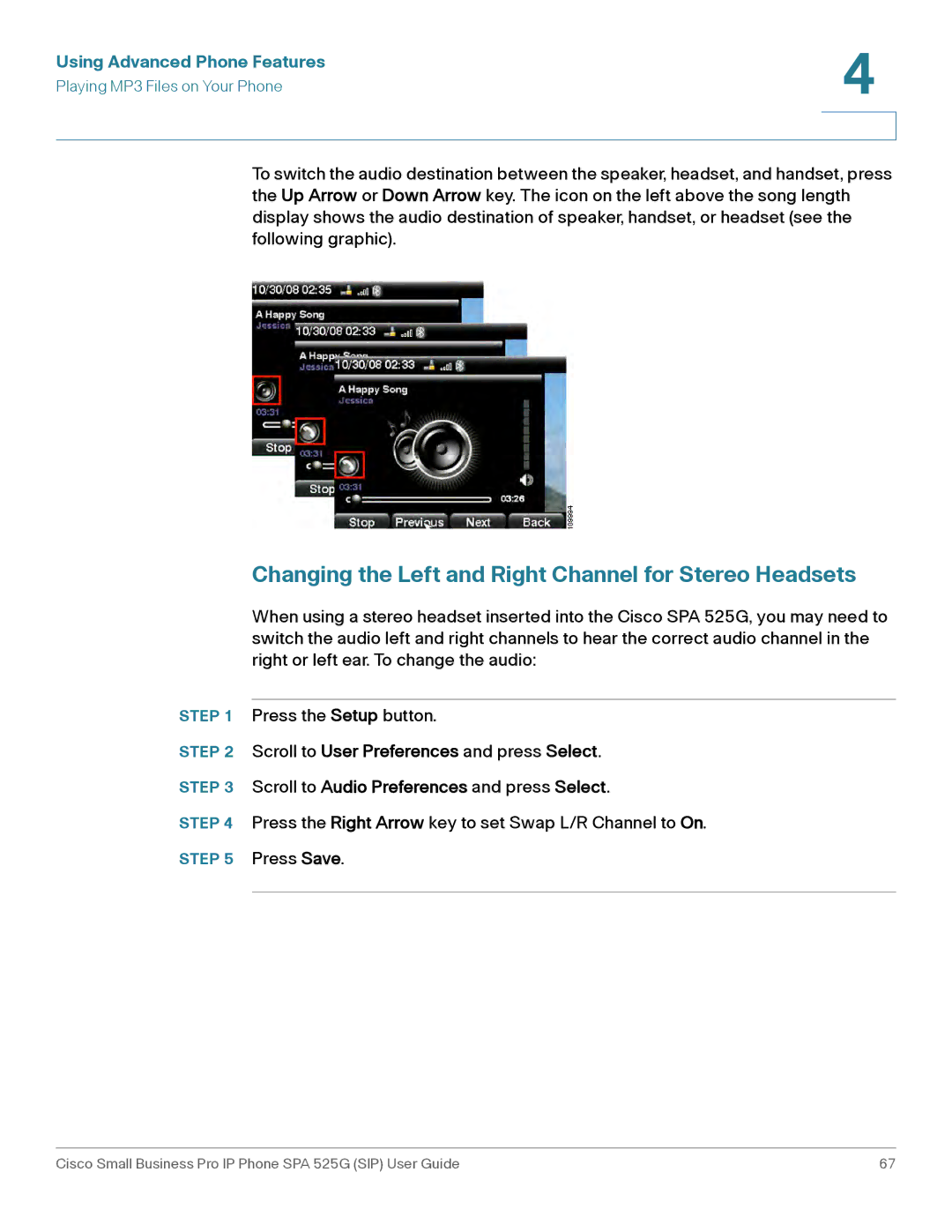 Cisco Systems SPA 525G manual Changing the Left and Right Channel for Stereo Headsets 