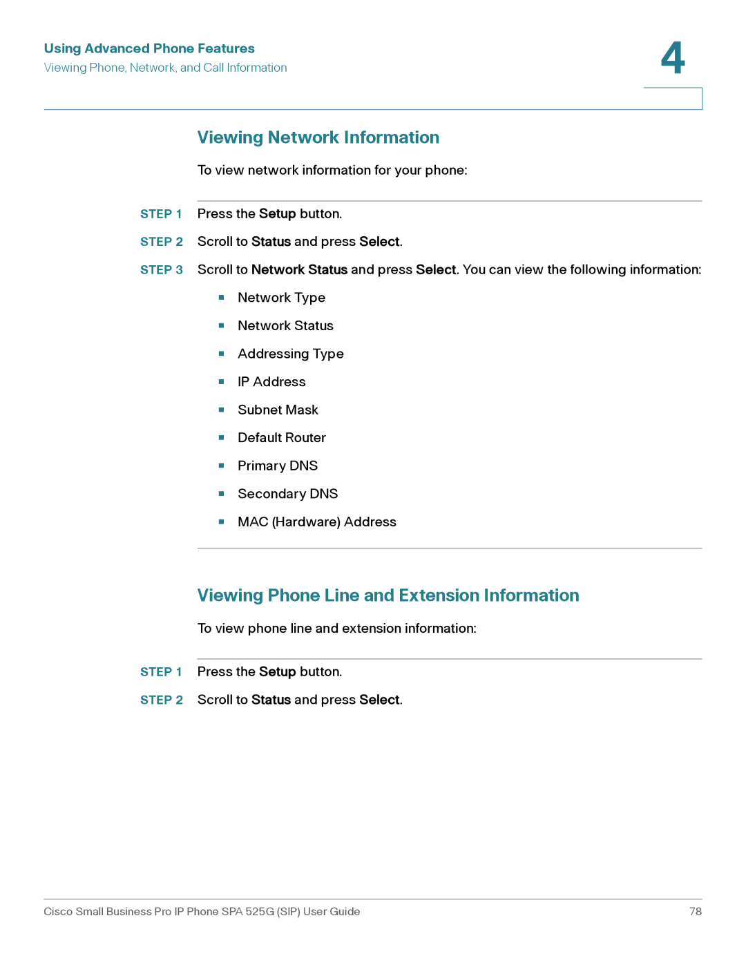 Cisco Systems SPA 525G manual Viewing Network Information, Viewing Phone Line and Extension Information 