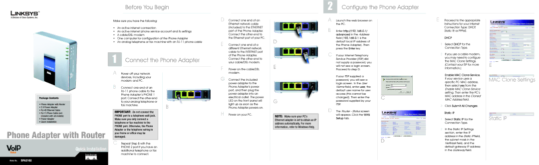 Cisco Systems SPA2102 manual Before You Begin, Connect the Phone Adapter, Configure the Phone Adapter 