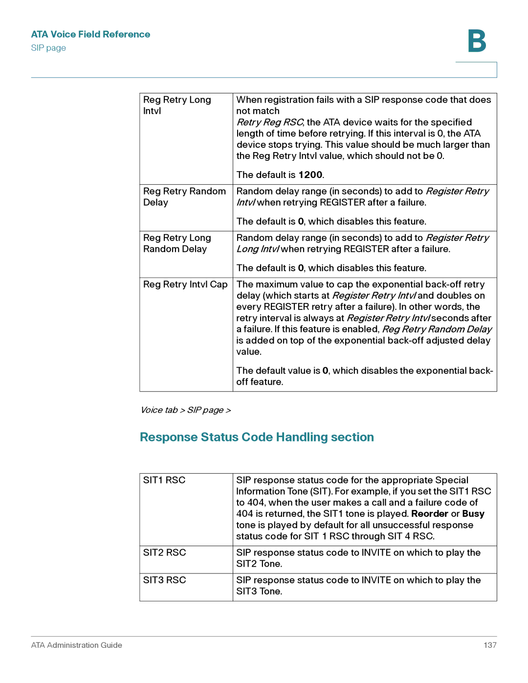 Cisco Systems PAP2T, SPA2102, SPA3102, WRP400, SPA8000 Response Status Code Handling section, SIT1 RSC, SIT2 RSC, SIT3 RSC 