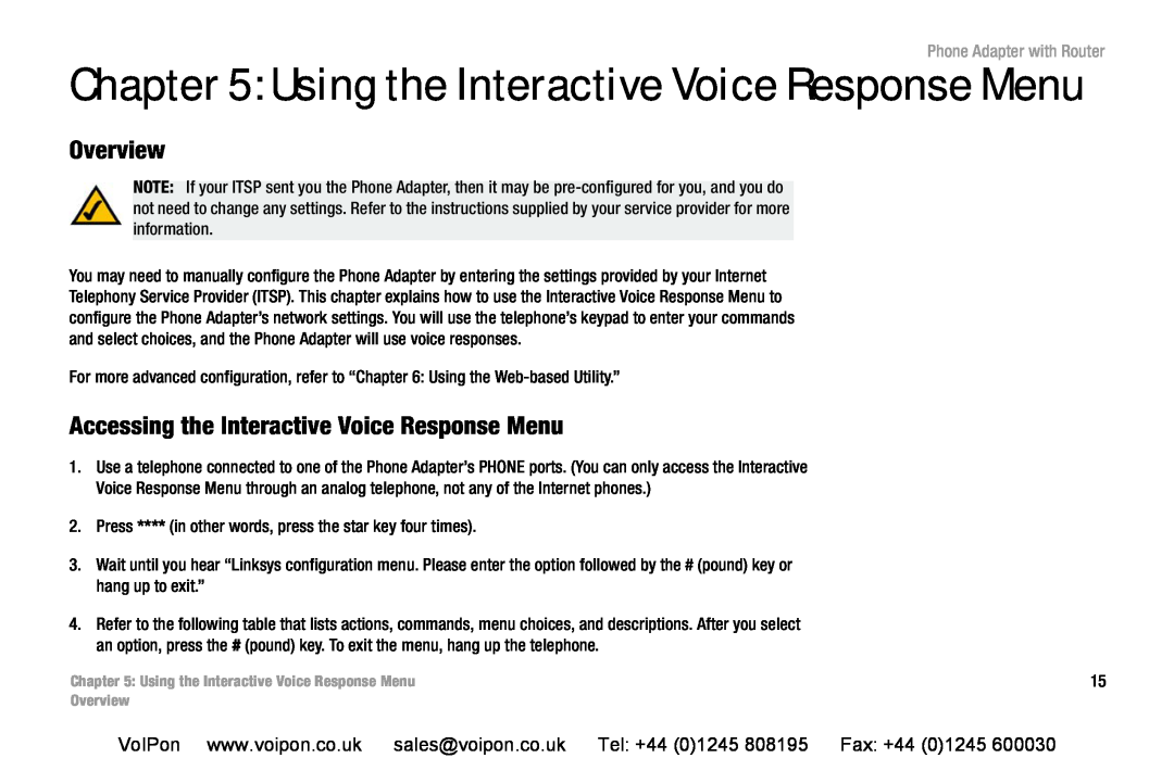 Cisco Systems SPA2102 Using the Interactive Voice Response Menu, Overview, Accessing the Interactive Voice Response Menu 