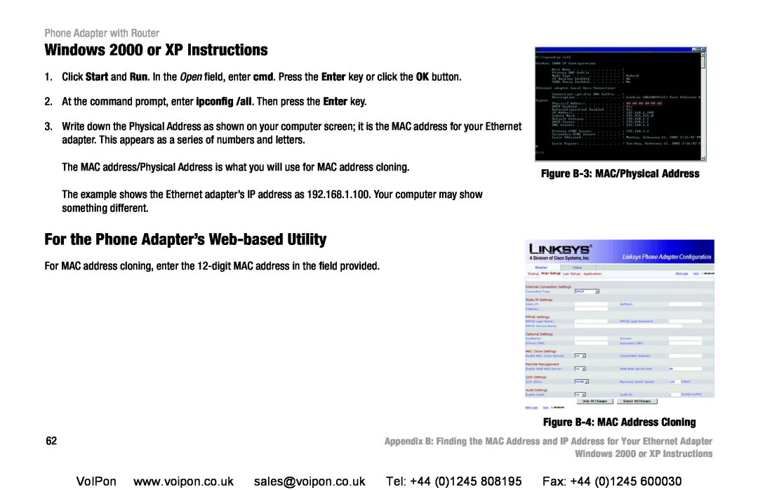 Cisco Systems SPA2102 manual Windows 2000 or XP Instructions, For the Phone Adapter’s Web-based Utility 