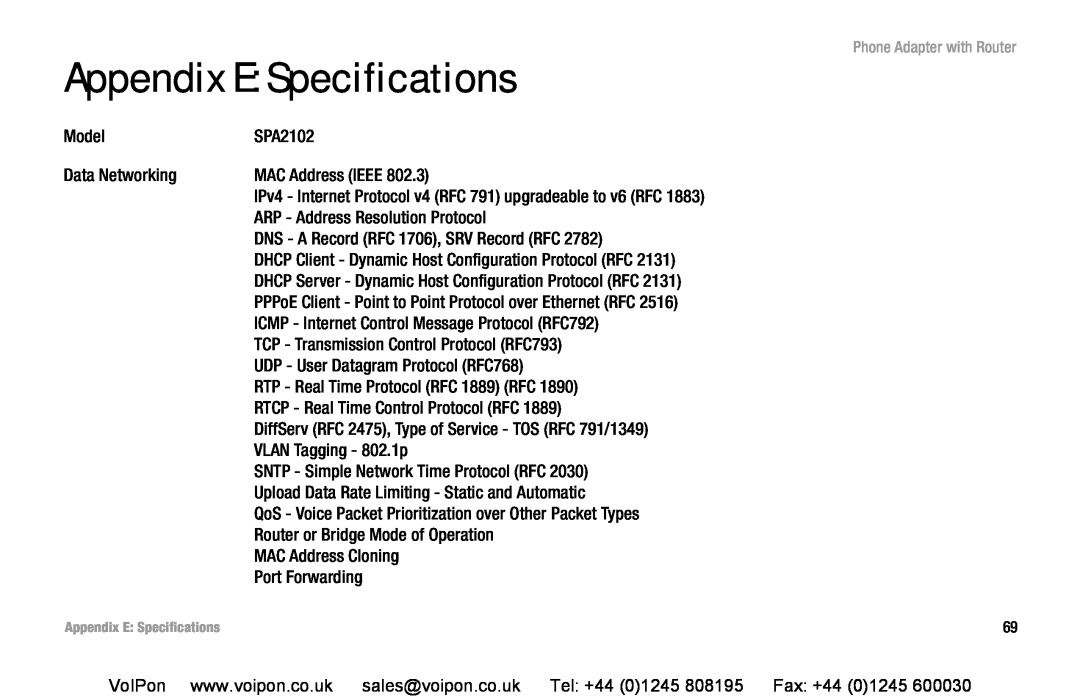Cisco Systems SPA2102 manual Appendix E Specifications 