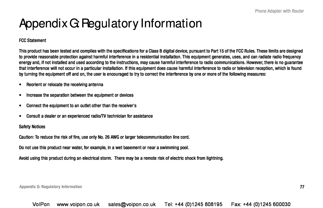 Cisco Systems SPA2102 manual Appendix G Regulatory Information, Phone Adapter with Router, FCC Statement 