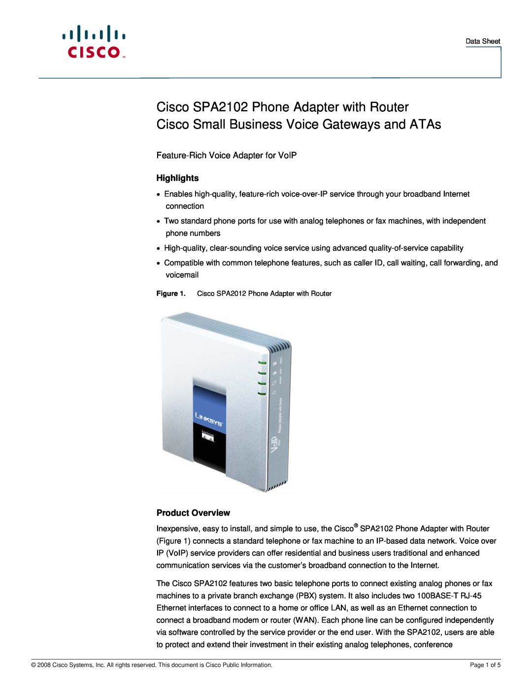 Cisco Systems manual Highlights, Product Overview, Cisco SPA2102 Phone Adapter with Router 