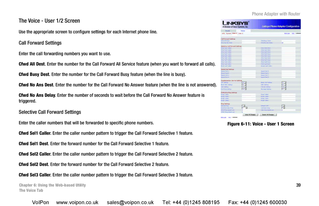 Cisco Systems SPA2102 manual Voice User 1/2 Screen, Selective Call Forward Settings 