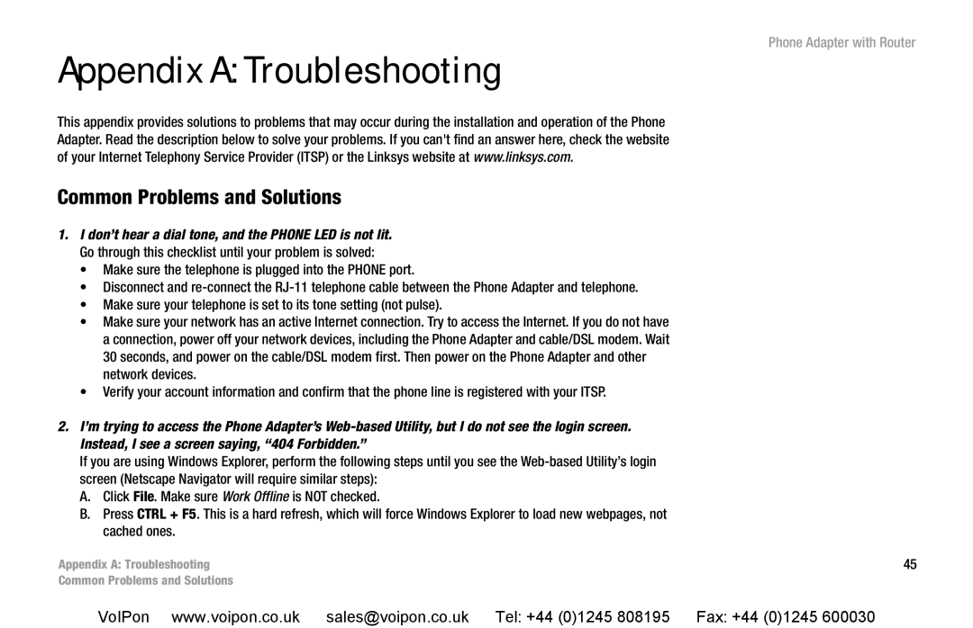 Cisco Systems SPA2102 manual Appendix a Troubleshooting, Common Problems and Solutions 