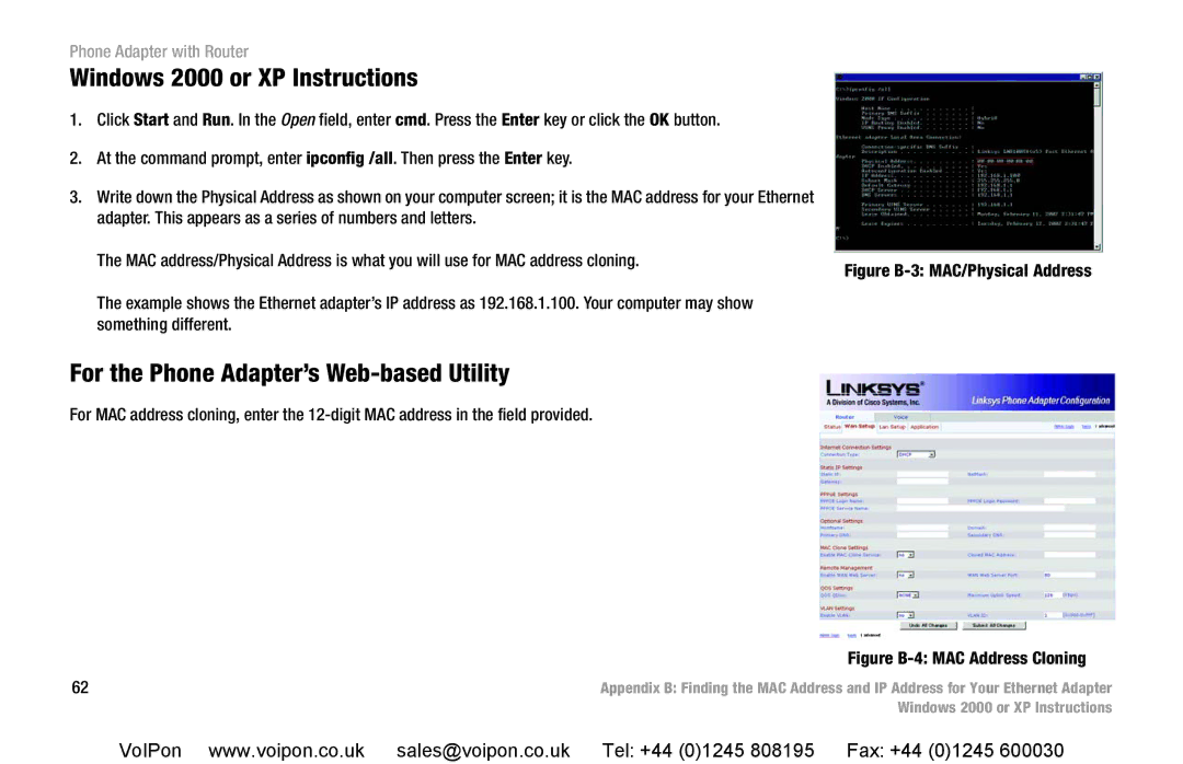 Cisco Systems SPA2102 manual Windows 2000 or XP Instructions, For the Phone Adapter’s Web-based Utility 