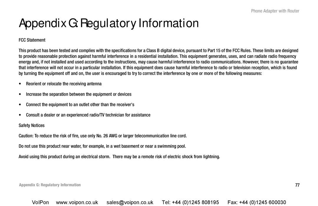 Cisco Systems SPA2102 manual Appendix G Regulatory Information, FCC Statement 