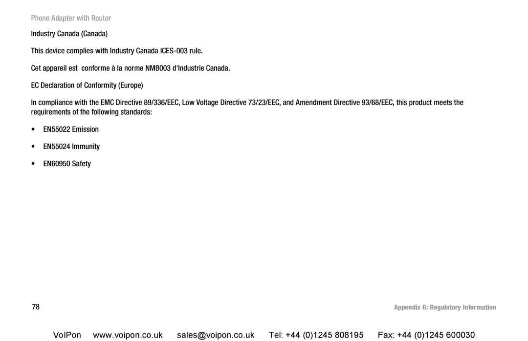 Cisco Systems SPA2102 manual Appendix G Regulatory Information 