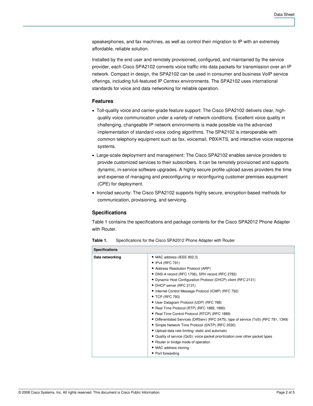 Cisco Systems SPA2102 manual Features, Specifications Data networking 