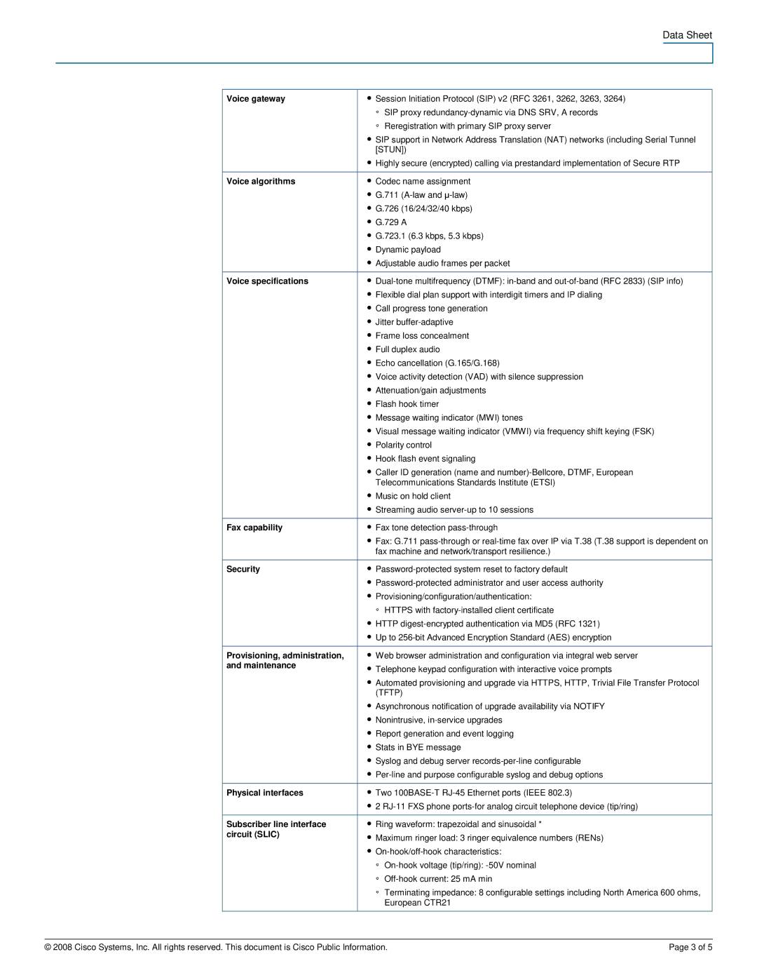 Cisco Systems SPA2102 manual Voice gateway, Voice algorithms, Voice specifications, Fax capability, Security, Maintenance 