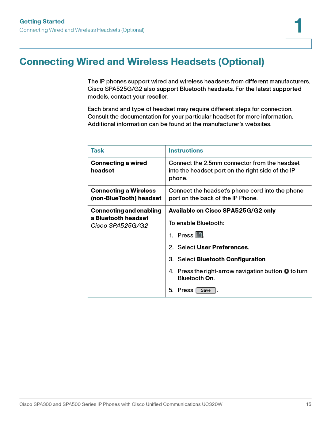 Cisco Systems SPA303, SPA301 manual Connecting Wired and Wireless Headsets Optional, Task Instructions 