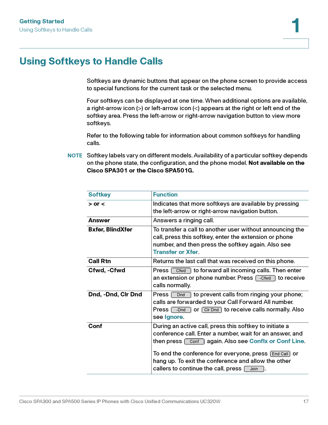 Cisco Systems SPA303, SPA301 manual Using Softkeys to Handle Calls, Softkey Function, Transfer or Xfer, See Ignore 