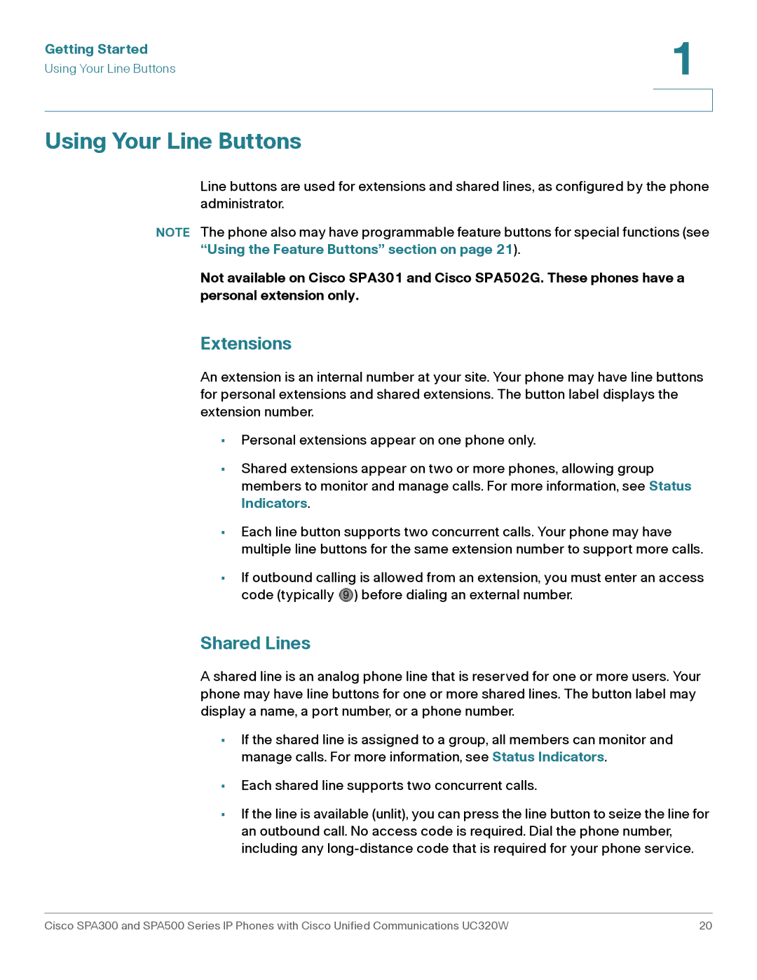 Cisco Systems SPA301, SPA303 manual Using Your Line Buttons, Extensions, Shared Lines 