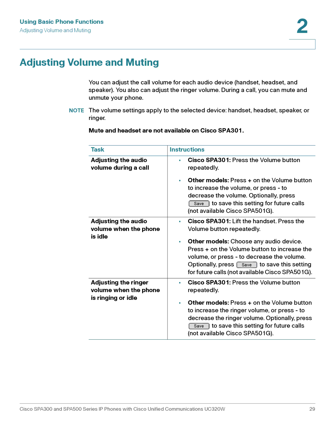 Cisco Systems SPA303, SPA301 manual Adjusting Volume and Muting 