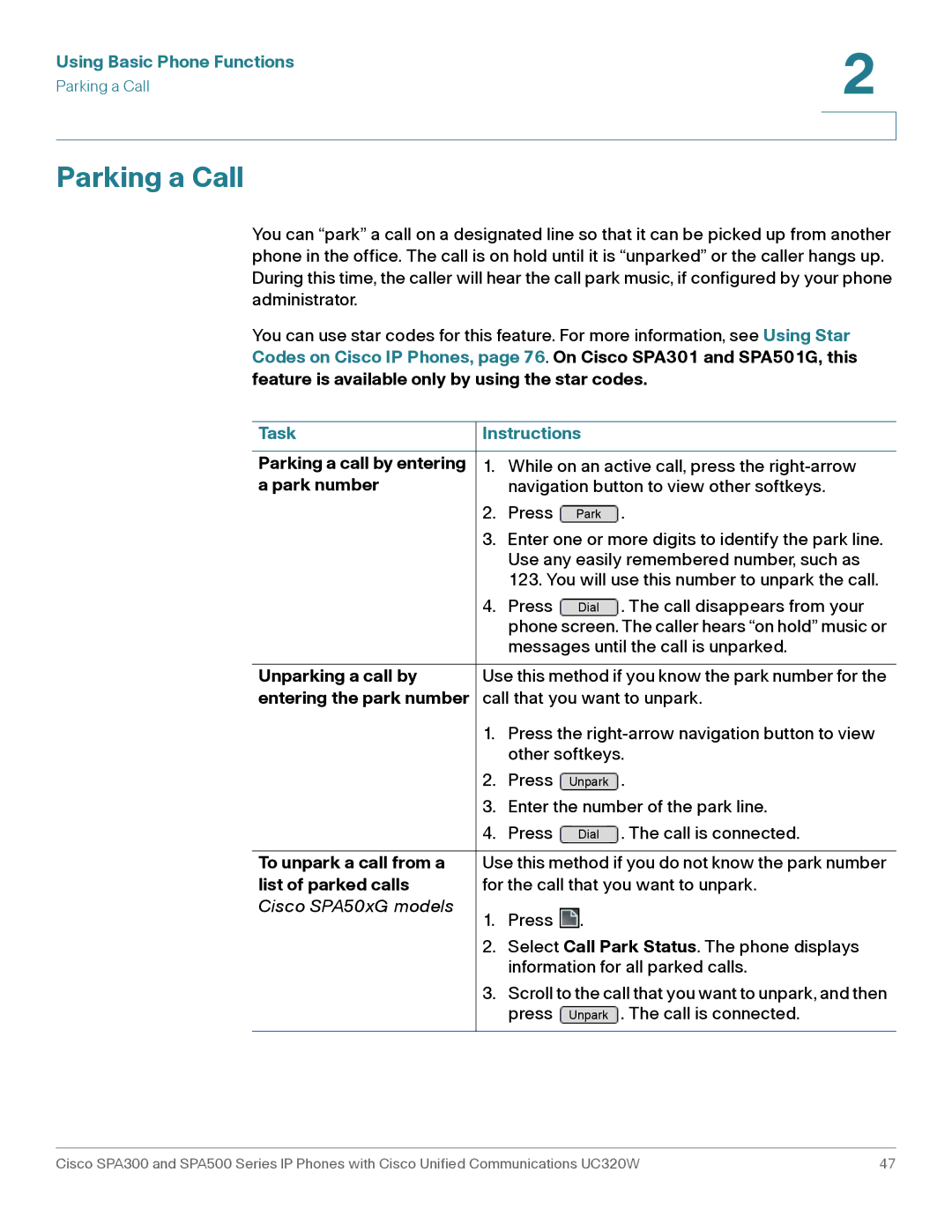 Cisco Systems SPA303, SPA301 manual Parking a Call 