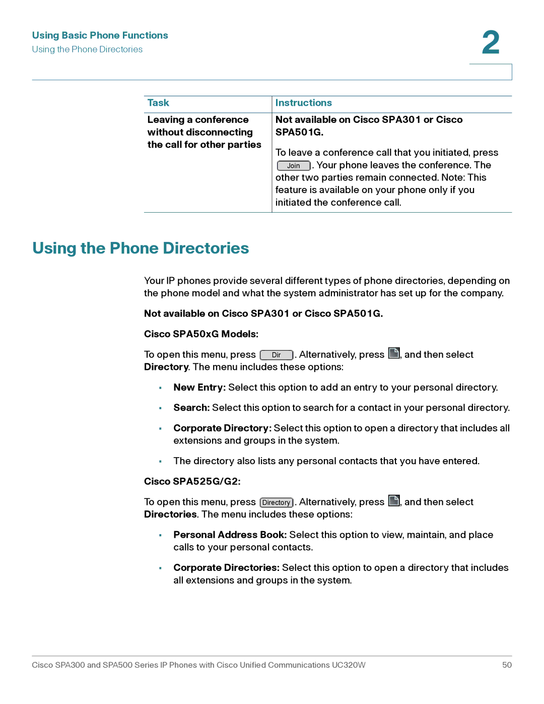 Cisco Systems SPA301, SPA303 manual Using the Phone Directories, Cisco SPA525G/G2 