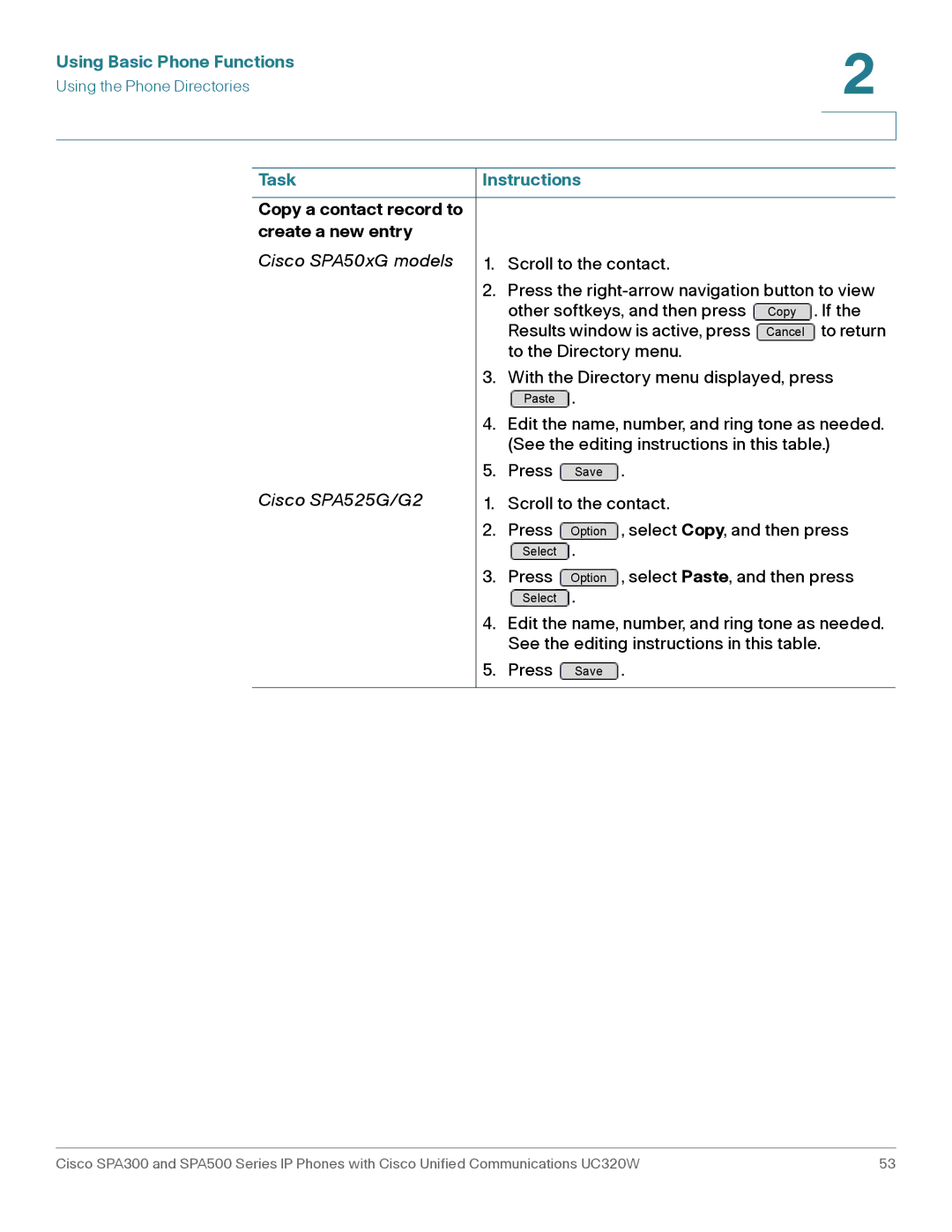 Cisco Systems SPA303, SPA301 manual Copy a contact record to Create a new entry 