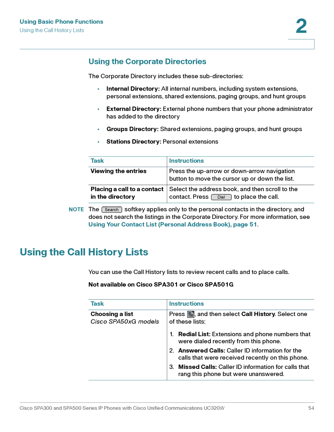 Cisco Systems SPA301, SPA303 manual Using the Call History Lists, Using the Corporate Directories 