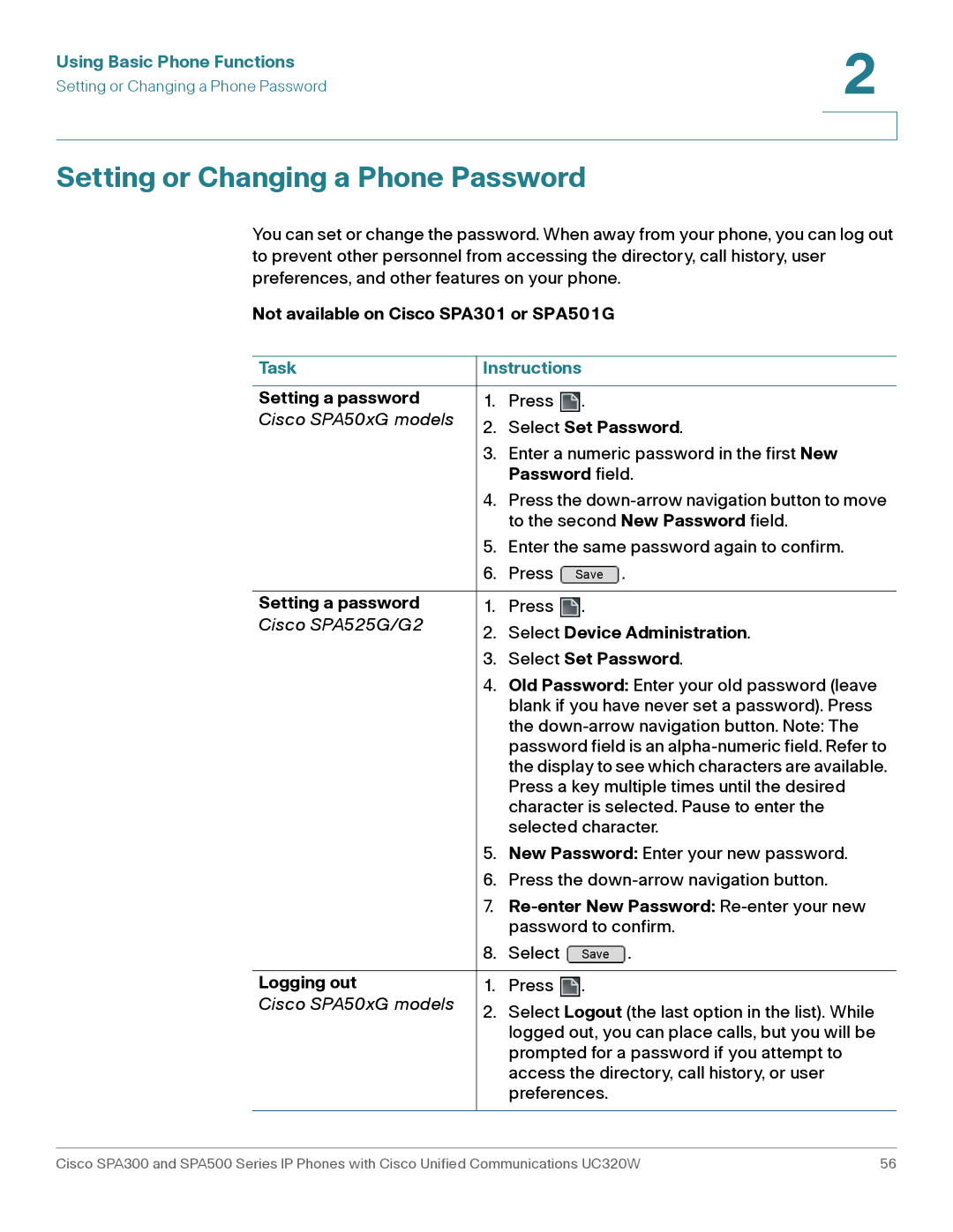 Cisco Systems SPA301, SPA303 manual Setting or Changing a Phone Password 