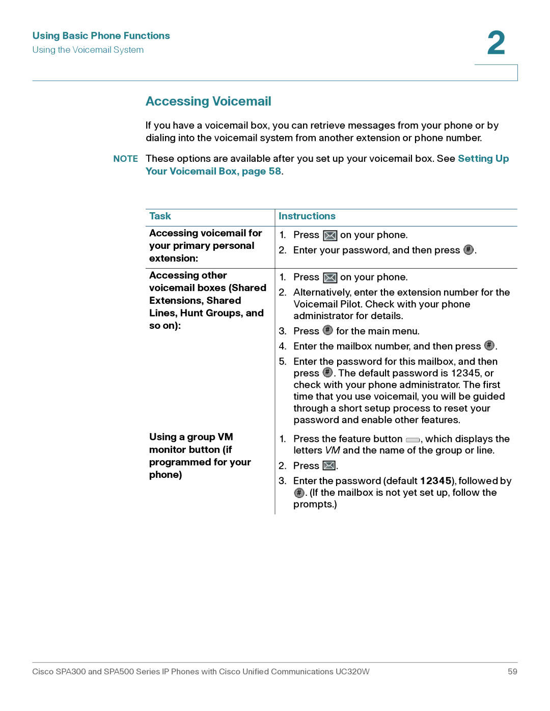 Cisco Systems SPA303, SPA301 manual Accessing Voicemail, Your Voicemail Box, Task Instructions 